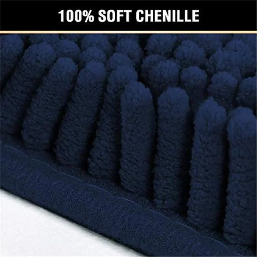 Navy Blue Bath Rug Chenille Non Slip Bath Mat Soft Absorbent Plush Bathroom Rug